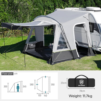 EVER ADVANCED voortent caravan 350x260x245cm voor camper met 2 ramen zijdeur, grotere deur dan dak, reisvoortent PU 3000mm waterdicht geschikt voor reizen, familie samen, kamperen