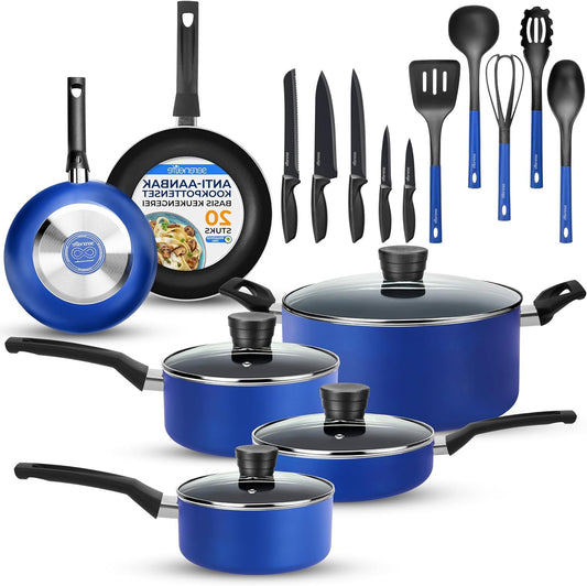 SereneLife Piece Blue Cooking Set – Non-Stick Pans and Pots with Lid, Includes Knife Set & Kitchenware, Heat Resistant, Dishwasher Safe, Aluminum Cookware for All Cooktops - QUORE
