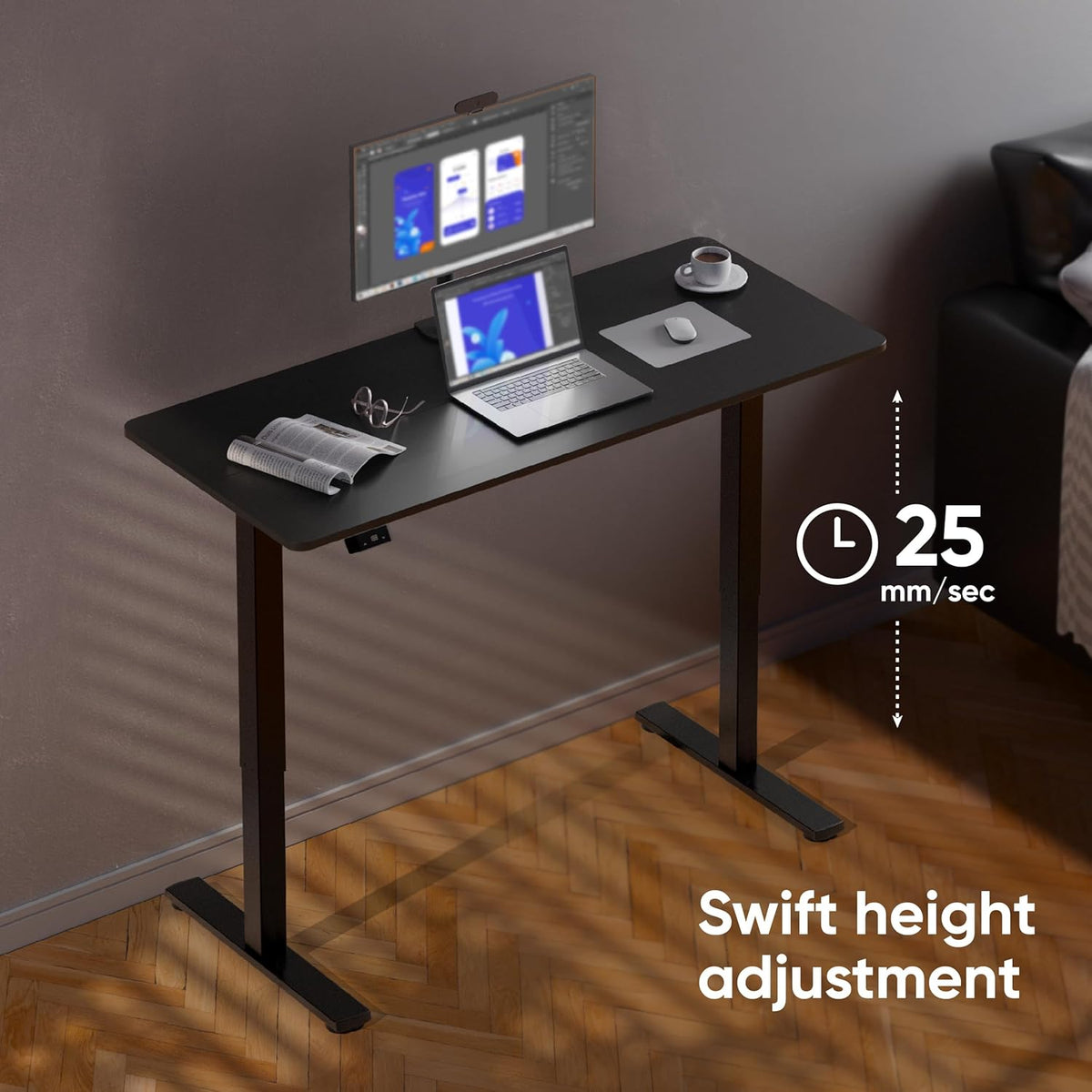 ONKRON Height Adjustable Desk with Blade 140x60cm, Electric Sit-Stand Desk up to 60kg, Electric Adjustable Table with Motor 25mm/s Lifting Speed Black WDT221E-B - QUORE