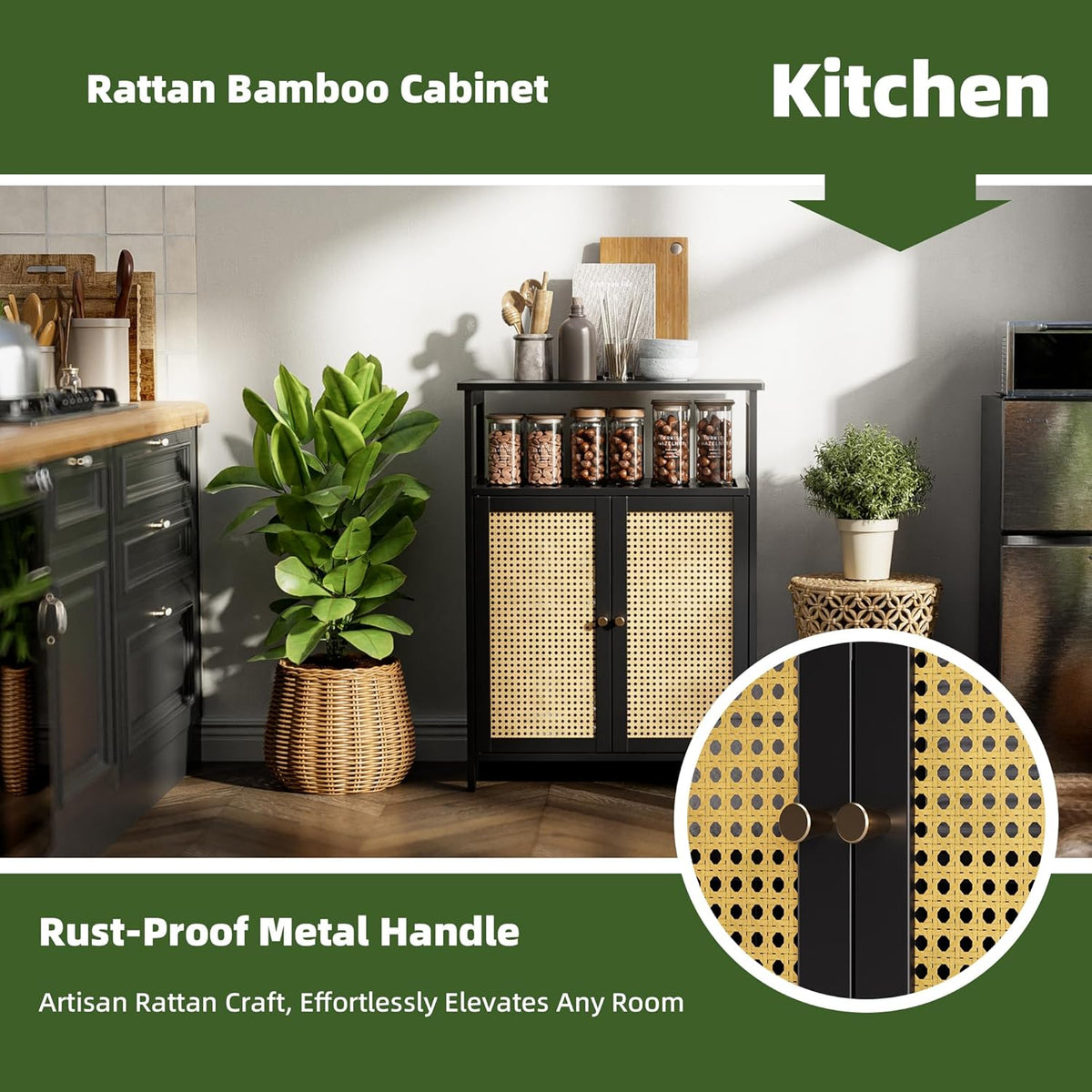 Bamboe Vloerkast – Opbergkast – Badkamerkast – Bijzettafel – Kast Met Rotan Deuren – Compact Formaat – Duurzaam Bamboe Materiaal - QUORE