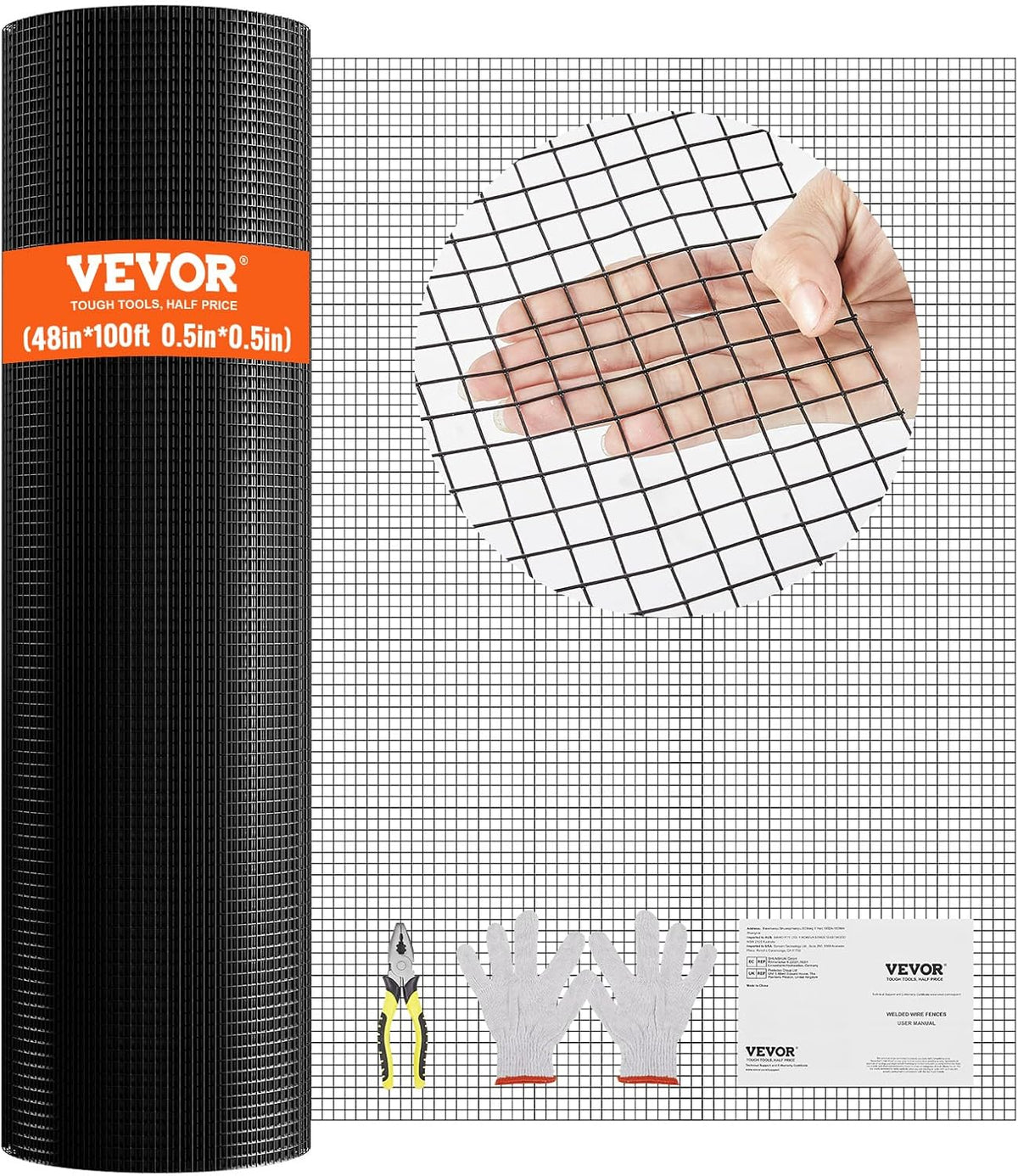 VEVOR Hardwaredoek, 48" x 100' Gegalvaniseerde Wire Mesh Roll, 19 Gauge Kippengaas Omheining Roll, Vinyl Coating Metalen Wire Mesh voor Kippenhok Barrière, Konijn Slang Hekken, Pluimvee Behuizingen