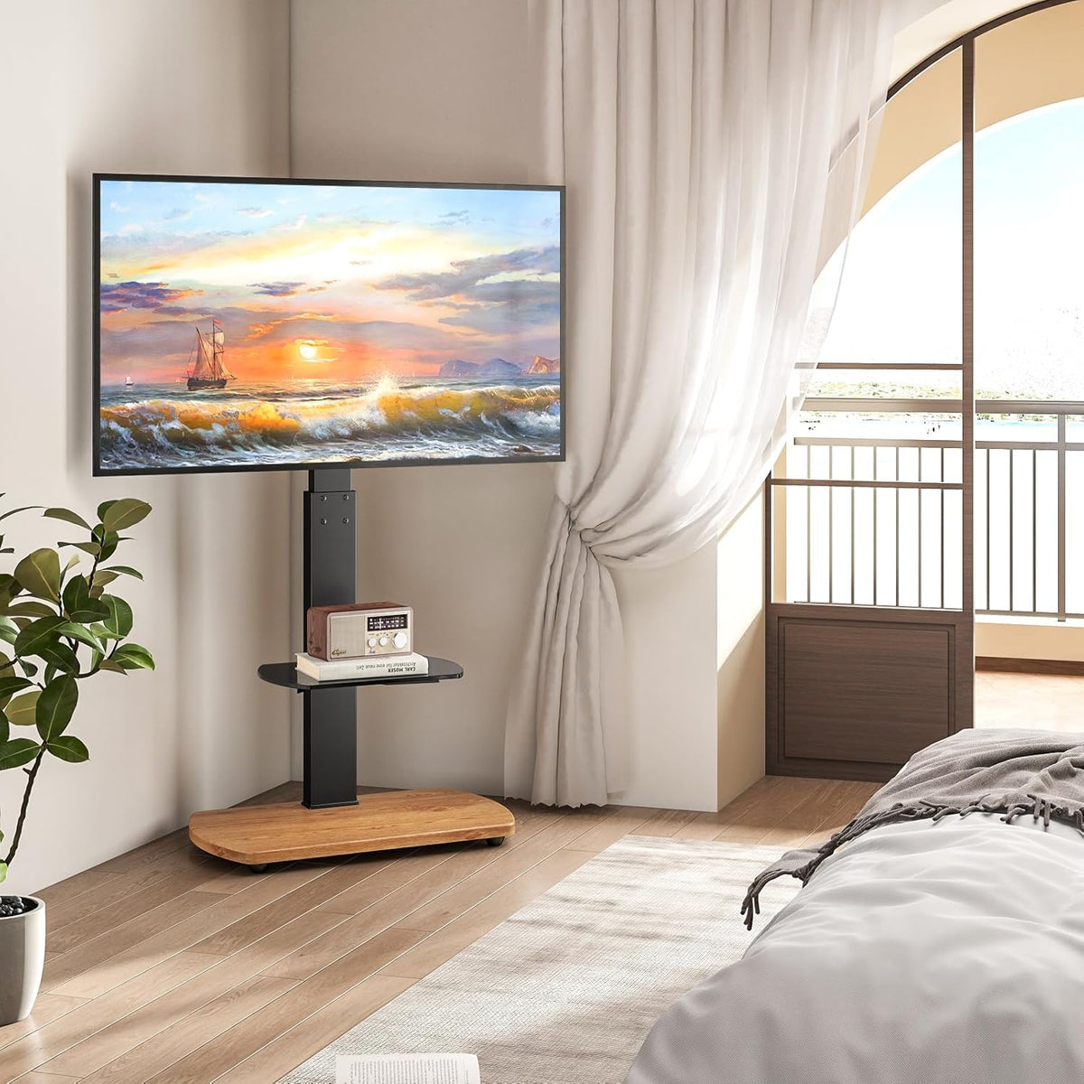 TTAP TV-standaard voor 32-65 inch tv's met eiken voet en enkel glazen plank/met draaibare en in hoogte verstelbare montagebeugel (OAK)