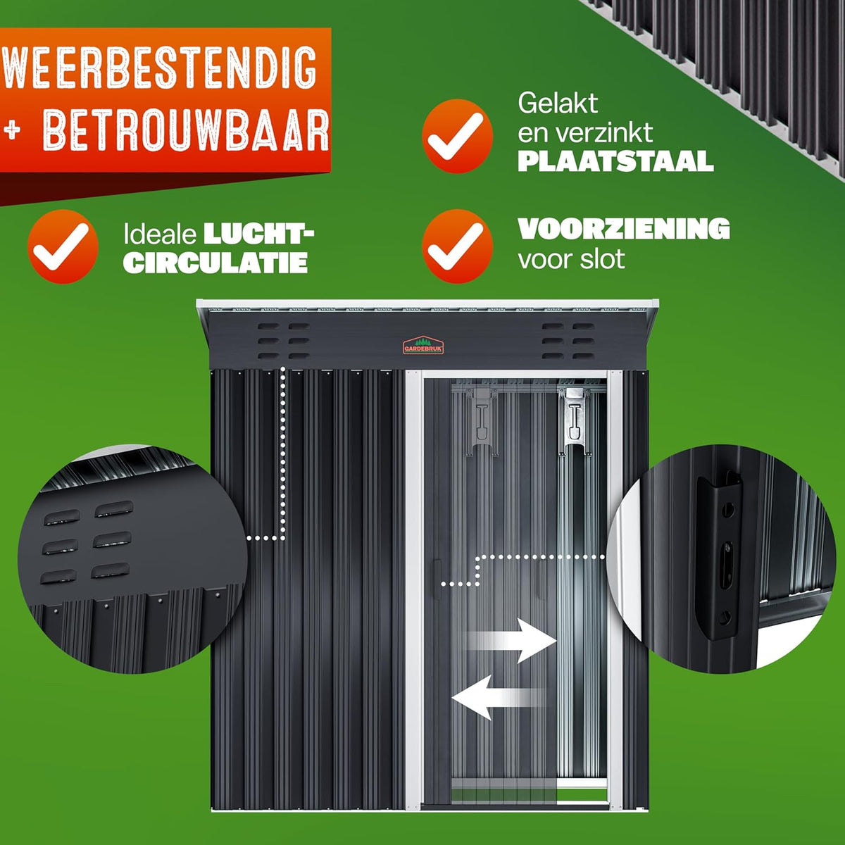 GARDEBRUK Garden house 185x165x90cm 1.5m2 Sliding Door 20kg Tool Holder Safety Gloves Ventilation Stainless Steel Sloping Roof Anthracite - QUORE