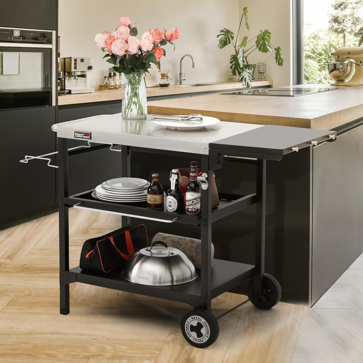 Royal Gourmet Outdoor grilltafel, 3 etages, serveerwagen met 70 x 50 cm roestvrij stalen tafelblad en 30 x 50 cm inklapbaar zijplank, bijzettafel, barbecuetafel, tuintrolley met push-pull-rek