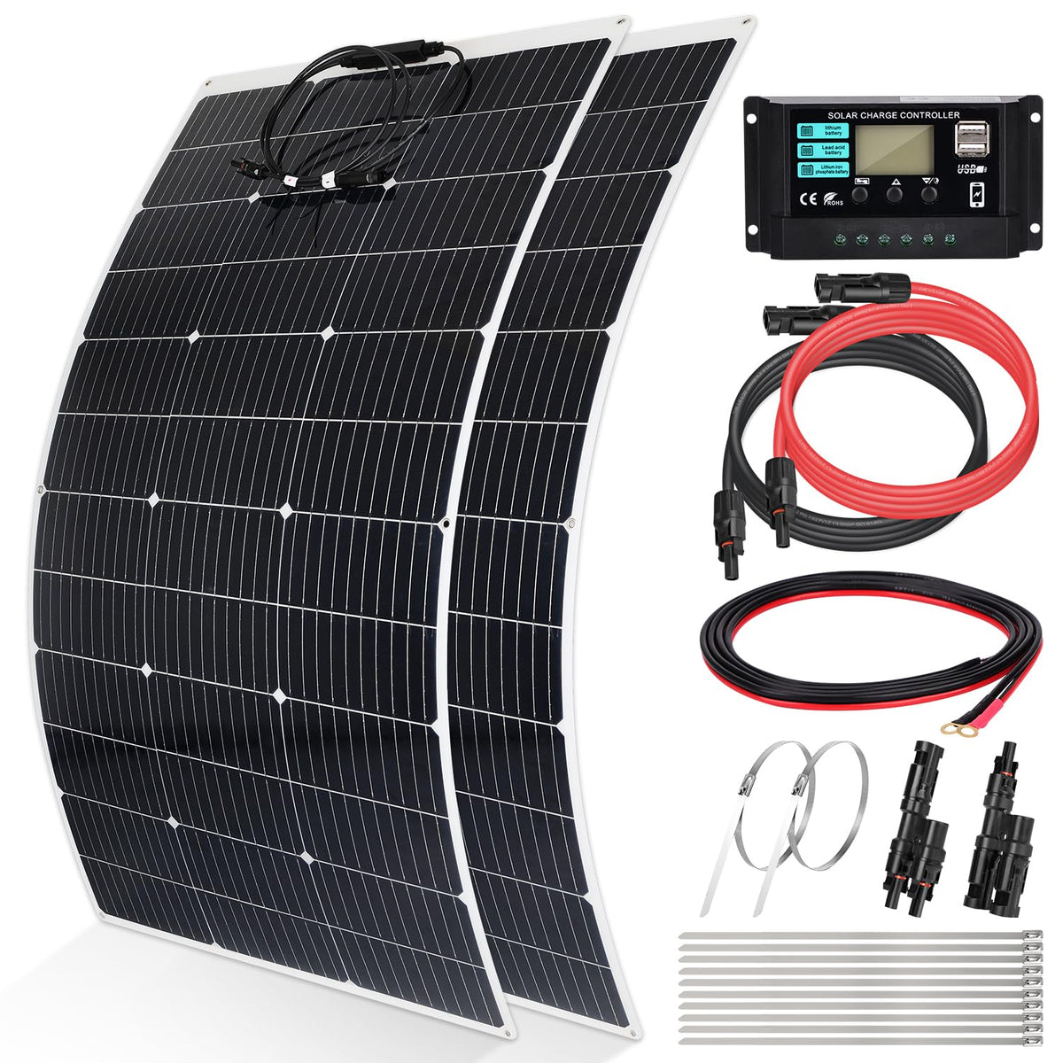 240 W 12 V flexibel monokristallijn zonnepaneel sets: 2 x 120 W flexibel zonnepaneel+30 A laadregelaar+Y-stekker mannelijk/vrouwelijk+zonnepaneel solar-kabel+O-ringaansluitkabel+metalen