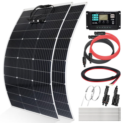 240 W 12 V flexibel monokristallijn zonnepaneel sets: 2 x 120 W flexibel zonnepaneel+30 A laadregelaar+Y-stekker mannelijk/vrouwelijk+zonnepaneel solar-kabel+O-ringaansluitkabel+metalen