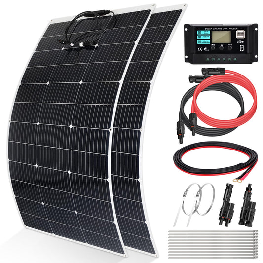 240 W 12 V flexibel monokristallijn zonnepaneel sets: 2 x 120 W flexibel zonnepaneel+30 A laadregelaar+Y-stekker mannelijk/vrouwelijk+zonnepaneel solar-kabel+O-ringaansluitkabel+metalen