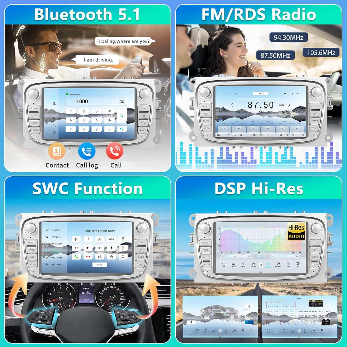 4 + 64G Motorsi autoradio voor Ford Focus II/S-Max met Carplay Android Auto aangedreven door Qualcomm-processor, 7 inch touchscreen Bluetooth/WiFi/EQ/FM/RDS/GPS Navigatie/SWC/Canbus/Split Screen +