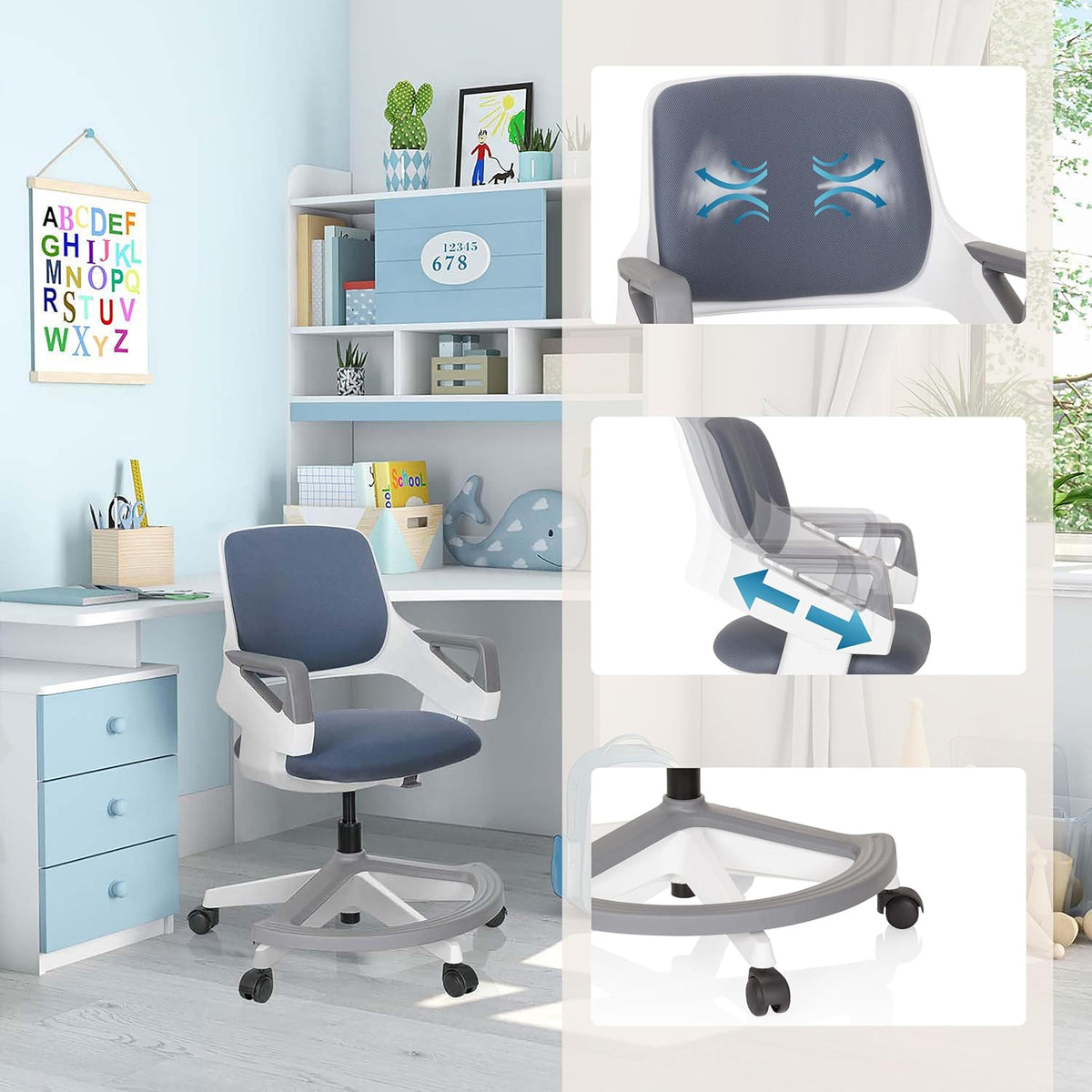 hjh OFFICE 640510 Kid Flex kinder- en tienerstoel van stof, grijs, meegroeiende draaistoel, voetensteun en rugleuning in hoogte verstelbaar
