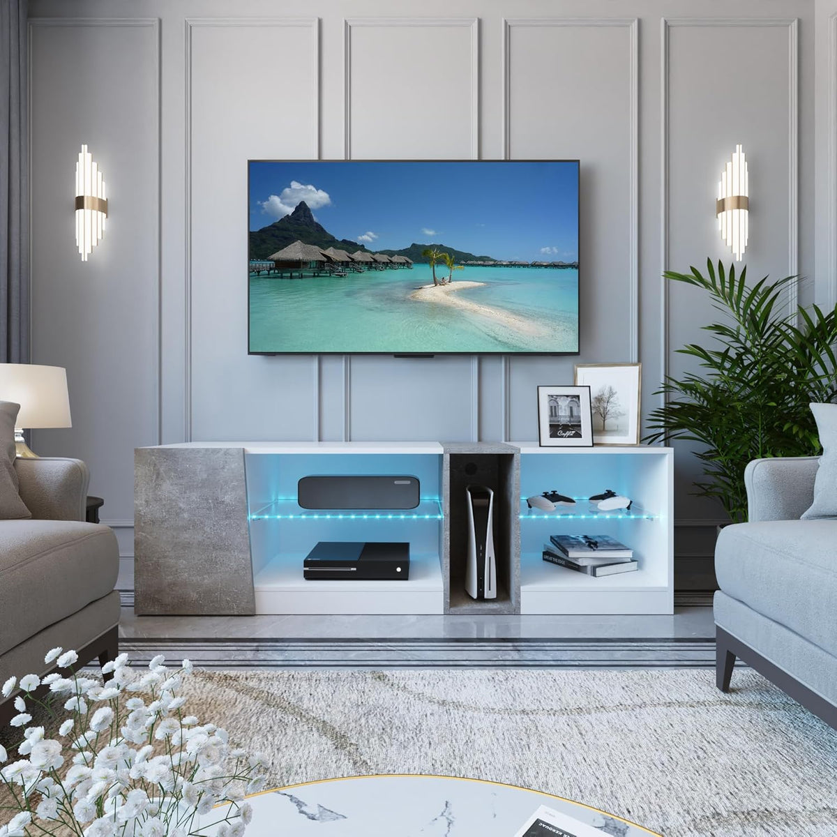 Mondeer TV-meubel, tv-meubel met ledverlichting, 5 open vakken en 1 deur, voor 55 inch tv's, voor woonkamer, slaapkamer, 140 x 45 x 37,5 cm (b x h x d), wit en grijs