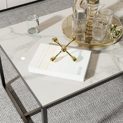 Rechthoekige salontafels gesinterde steen: witte salontafels 100 cm lang wit marmeren tafelblad met stevige metalen poten moderne bank middentafels voor woonkamer meubels decor