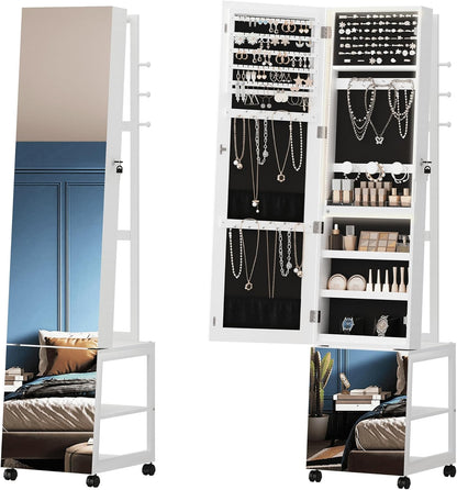 Hzuaneri Jewellery Cabinet with Light Frame, Mirror, Standing Jewellery Cabinet with Clothes Stand, Movable Full Body Mirror with Wheels, Lockable Storage Compartments with Hooks, White JC17103B