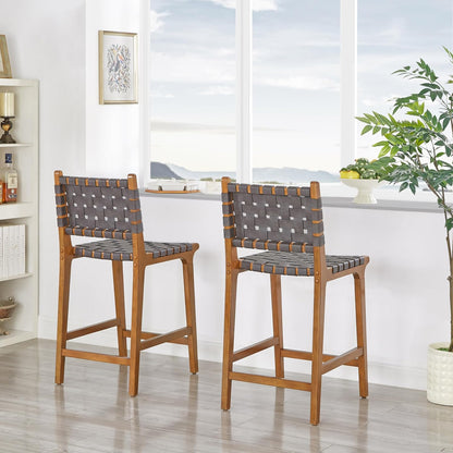 Ball & Cast Woven Counter Stool Kitchen Counter Hoogte Barstool Backrest Wooden Weave Stool, Dark Grey Faux Leather