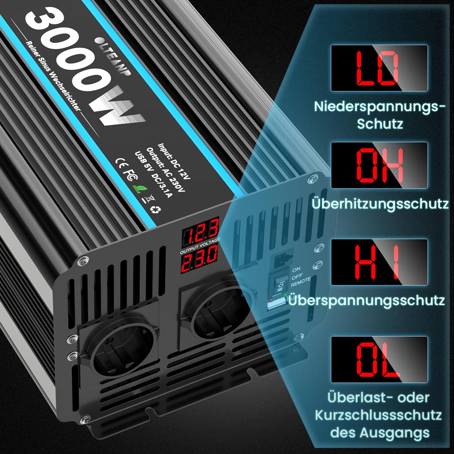 Omvormer 12V naar 230V zuivere sinus 3000W spanningsomvormer Omvormer met EU-aansluitingen en USB-poort -afstandsbediening en LED-display Voor camper, caravan, camping