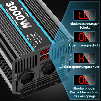 Omvormer 12V naar 230V zuivere sinus 3000W spanningsomvormer Omvormer met EU-aansluitingen en USB-poort -afstandsbediening en LED-display Voor camper, caravan, camping