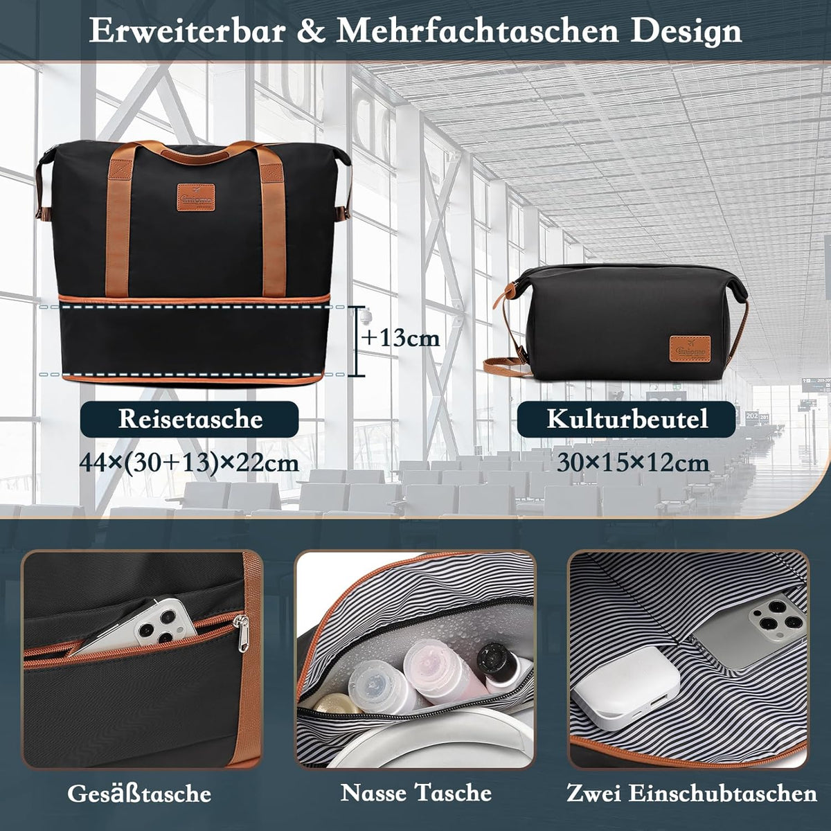 Joyway Kofferset van ABS hardshell uitbreidbare trolley kofferset met 4 wielen en TSA-slot De bagageset bevat 1 reistas en 1 toilettas, zwart, Kofferset 5tlg