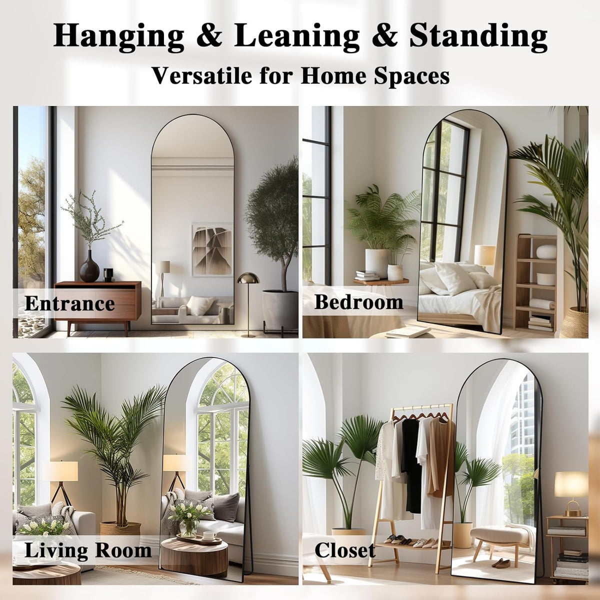 Grote Staande Spiegel – Vloerspiegel – Full Body Spiegel – Staande Spiegel – Vrijstaande Spiegel – Boogvormig Design – 180 x 76 cm – Zwart Aluminium Frame Met Goudkleurige Rand