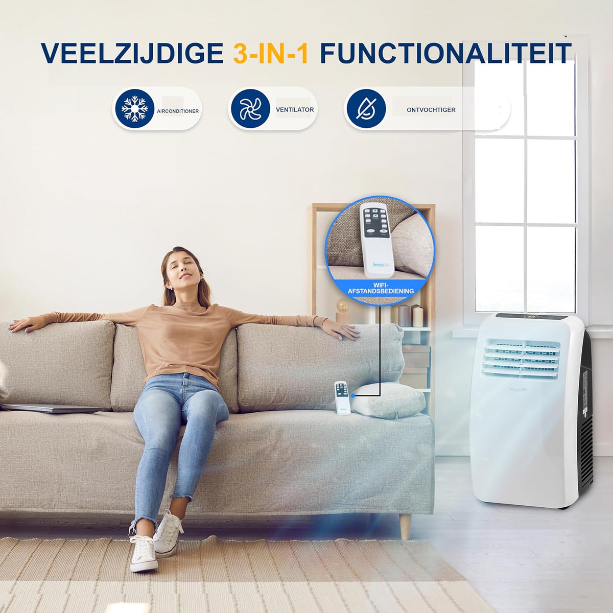 SereneLife Air Conditioner, Mobile Silent Air Conditioner, Portable 3-in-1 Air Conditioner with Built-in Dehumidifier Function, Fan Position, Remote Control, Complete Window Mount Exhaust Kit, 7K BTU, - QUORE