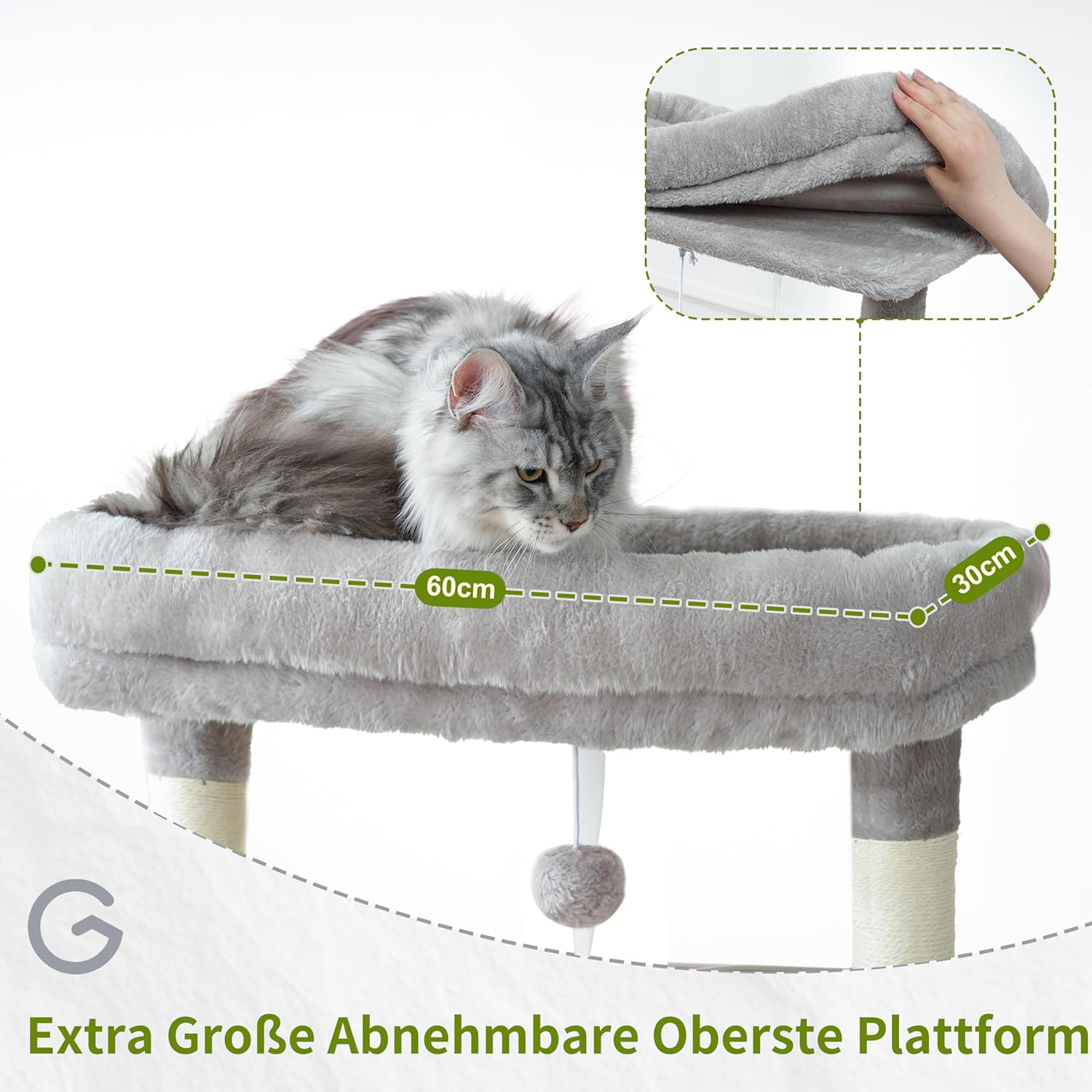 Large Cat Scratching Post for Large Adult Cats, 174 cm Cat Scratching Post with Hammock, 2 Large Sitting Bars, 2 Cat Cavities, 15 Scratching Bars, Light Grey GCT033W - QUORE