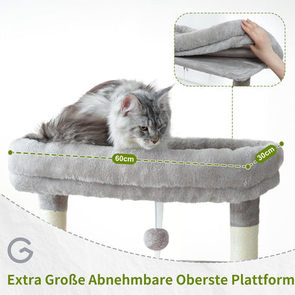 Large Cat Scratching Post for Large Adult Cats, 174 cm Cat Scratching Post with Hammock, 2 Large Sitting Bars, 2 Cat Cavities, 15 Scratching Bars, Light Grey GCT033W - QUORE