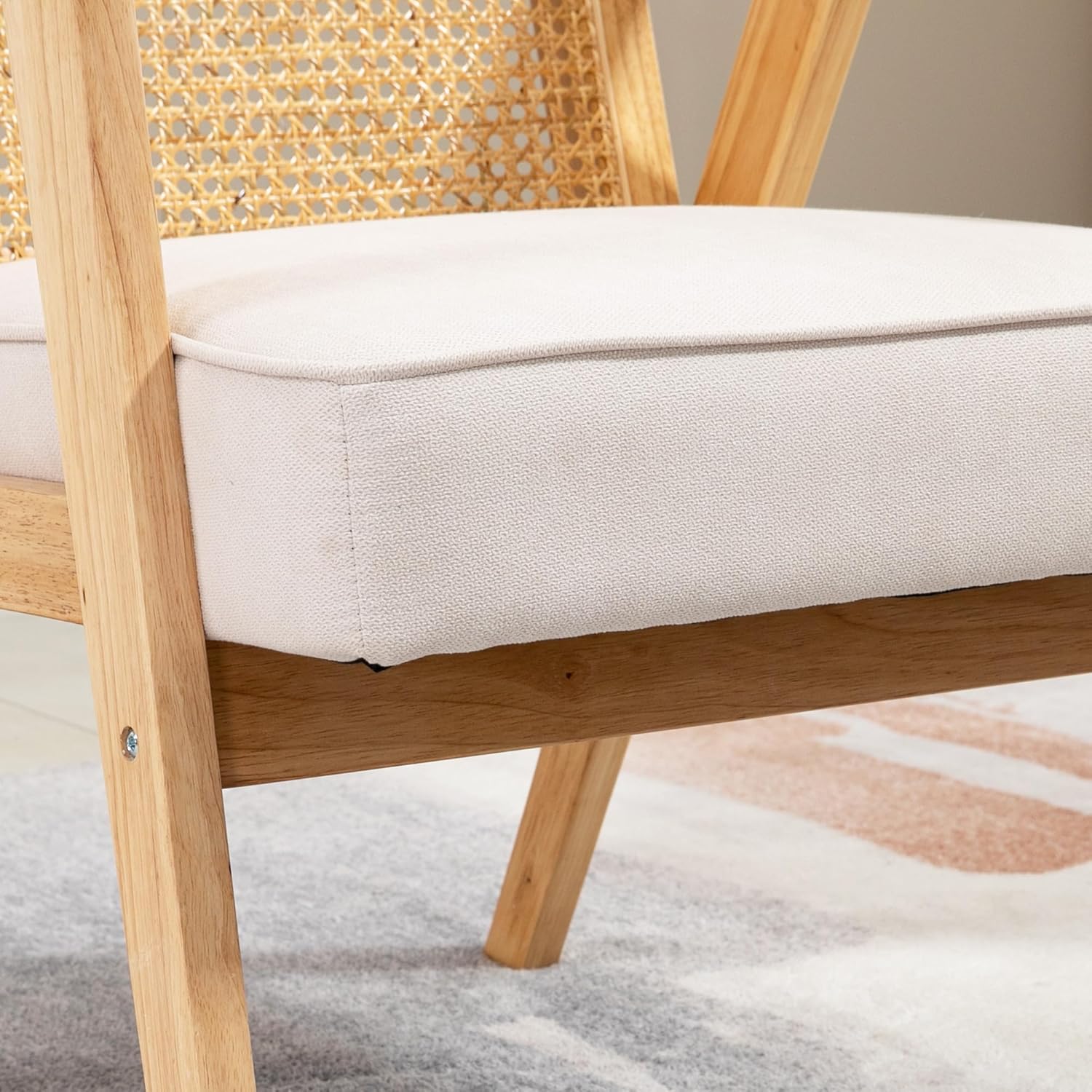 HOMCOM Sessel Wohnzimmer Relaxsessel mit Armlehnen, Sitzkissen, Loungesessel mit Rattan-Rückenlehne, Lesesessel mit Leinen-Optik, Holzrahmen, Polstersessel für Schlafzimmer Creme - QUORE