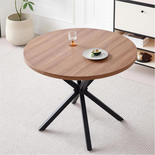 Ronde Eettafel – Eettafel Rond – Keukentafel – Tafel Voor Appartement – Compacte Ronde Tafel – MDF Donker Houtnerf – Stevig X-Onderstel Met Verstelbare Voeten