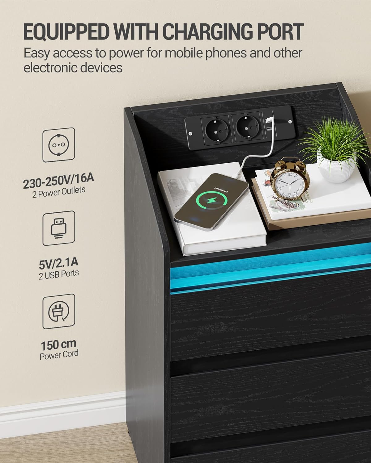 Hzuaneri Bedside Table Set of 2 with 3 Drawers, Side Table with Charging Base and LED, 2 AC Outlets and 2 USB Ports for Bedroom, Living Room, Black NS40104X