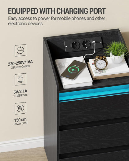 Hzuaneri Bedside Table Set of 2 with 3 Drawers, Side Table with Charging Base and LED, 2 AC Outlets and 2 USB Ports for Bedroom, Living Room, Black NS40104X
