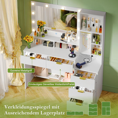 Devoko LED Lighting Makeup Table with Mirror, Dressing Table with Sockets and 5 Drawers, 6 Jewellery Hooks and Open Shelves, Vanity Desk for Bedroom (White) - QUORE