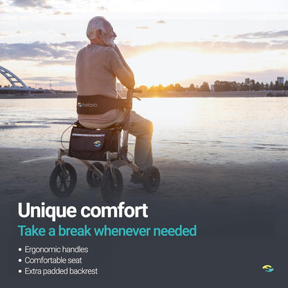 Helavo Rollator met luchtbanden voor buiten - Opvouwbaar en licht met zitfunctie, aluminium outdoor walker - Inklapbaar voor buitengebied