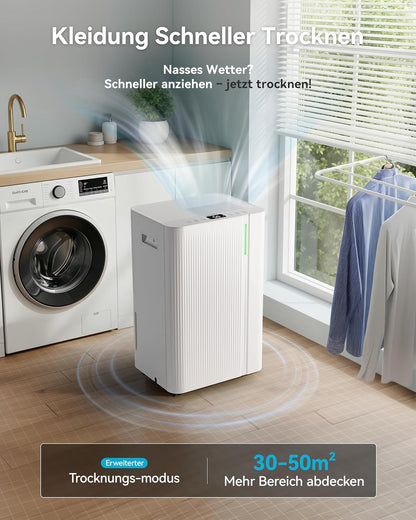 EUHOMY Elektrische luchtontvochtiger 20 l/dag kelder met afvoerbuis, stille en energiezuinige luchtontvochtiger met automatische ontdooiing, timer, luchtontvochtiger voor
