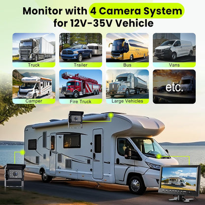 Podofo Vans RV achteruitrijcamera set, 9" monitor met 4 camera's, 4-kanaals videosysteem, IP68 nachtzicht, geschikt voor vrachtwagens/campers/auto's.
