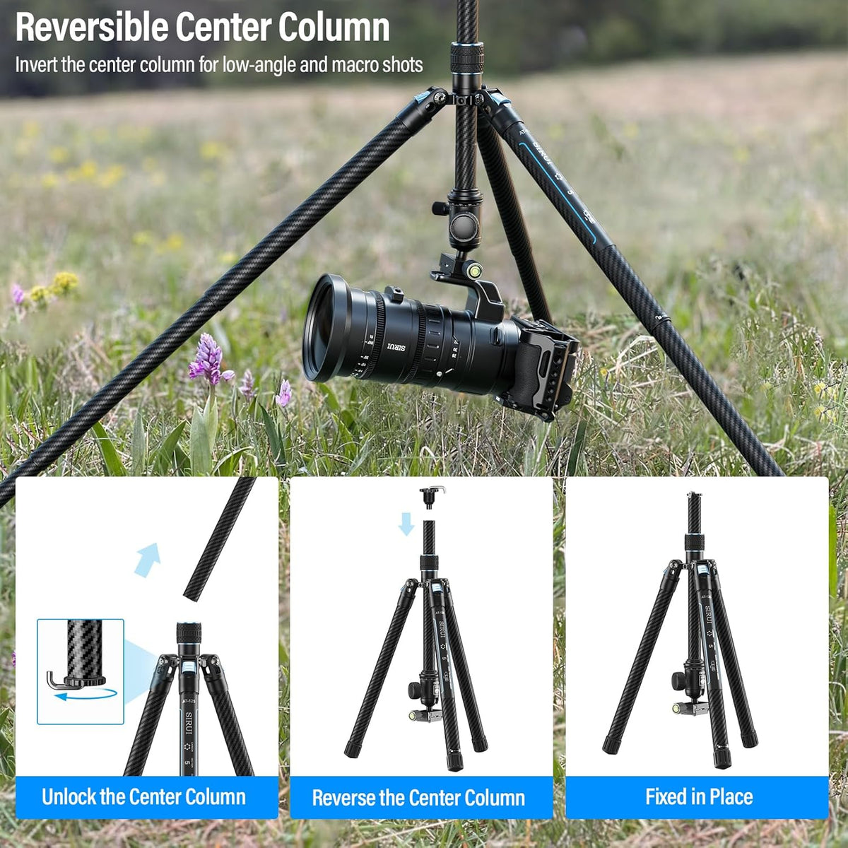 SIRUI Reisstatief van koolstofvezel met 360 ° kogelkop, 151,9 cm compact camerastatief met snelsluiting, omgekeerde inklapbare poten, omkeerbare middenkolom, max. belasting 7,7 kg - Traveler X-III