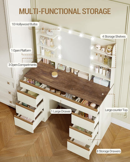 Hzuaneri Large Dressing Table with LED Lighting, 10 LED Light Globes, 3 Colours, Adjustable Brightness, Dressing Table with Mirror, 9 Drawers, 9 Open Shelves, Modern Style, White-Brown DT35714X