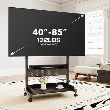 Tv-vloerstandaard op wielen – Tv-standaard – Tv-kar – Tv-statief – Tv-trolley – In Hoogte Verstelbaar – Voor 40-85 Inch, Tot 60 Kg, Zwart