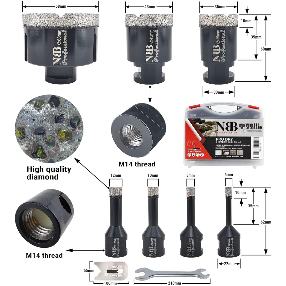 NBB vacuum gesoldeerde diamantgatzaag met M14, voor professioneel droog of nat boren op hard porselein, keramiek, tegels, graniet, marmer, snel (PRO 6/8/10/12/35/43/68mm +Moersleutel+Boorgeleider)