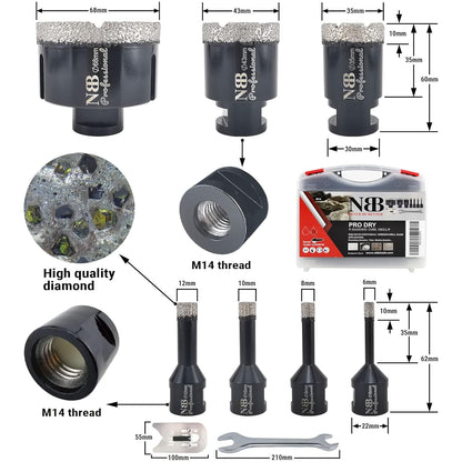 NBB vacuum gesoldeerde diamantgatzaag met M14, voor professioneel droog of nat boren op hard porselein, keramiek, tegels, graniet, marmer, snel (PRO 6/8/10/12/35/43/68mm +Moersleutel+Boorgeleider)