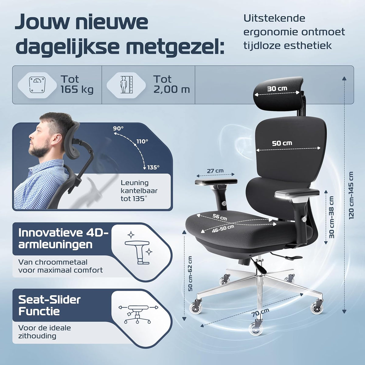Ergonomische Bureaustoel – Bureaustoel Ergonomisch – Kantoorstoel – Gaming Stoel – Draaistoel – Mesh Stof – Verstelbare Lendensteun – 150 kg Max Belastbaar