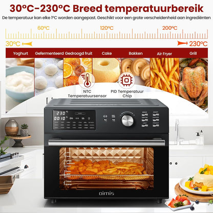 Heteluchtfriteuse 30L, 21 Programma's, XXL Oven met Luchtfriteuse, Multifunctionele Heteluchtoven, Dubbele cook, Roosteren, Drogen, 6 Accessoires met Recepten, 30℃-230℃, 1800W, NEE Draaikorf