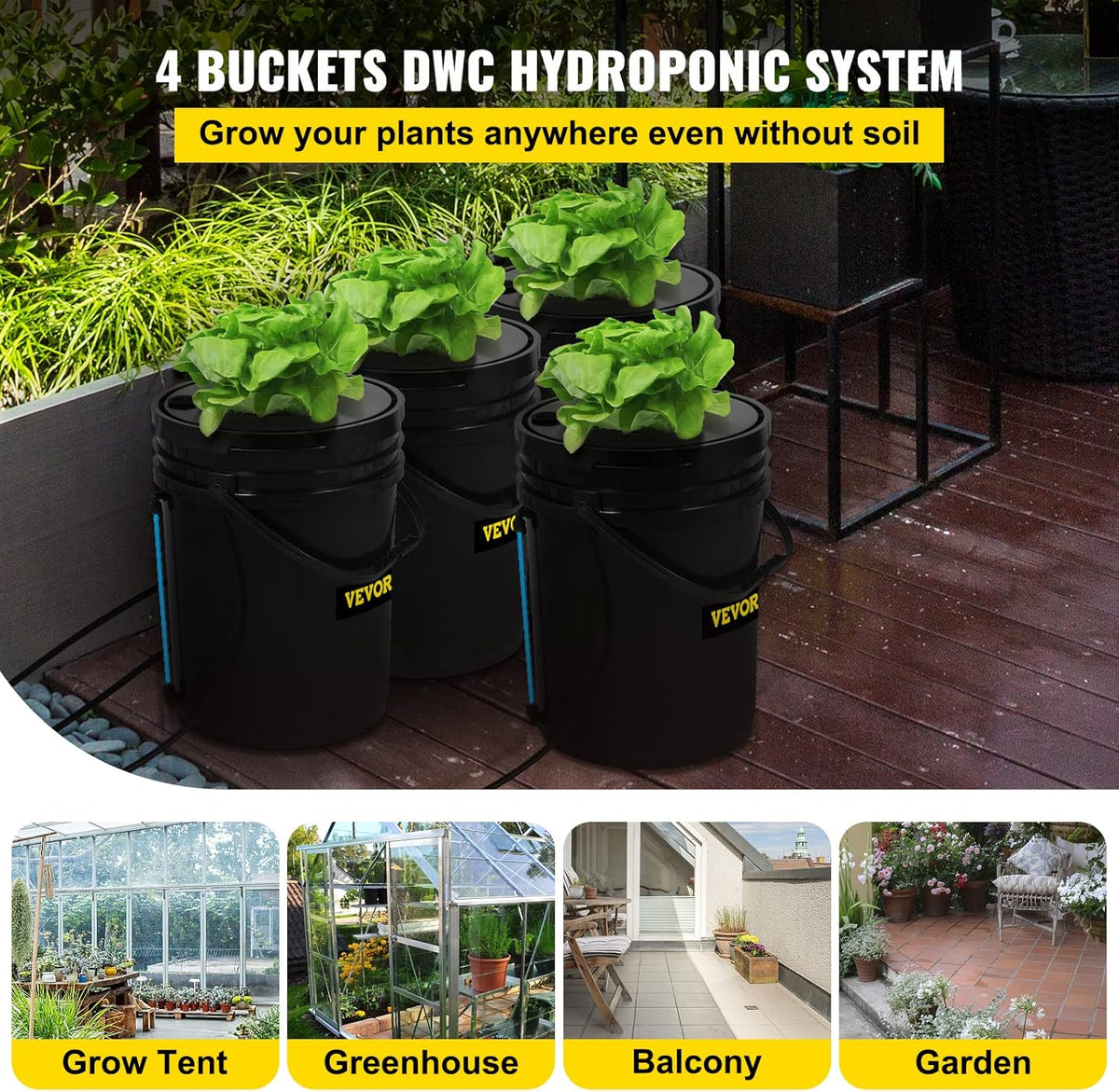 Hydrocultuur Systeem – Diepe Watercultuur – Kweekemmer Set – Kweekkit – DWC Kweekset – 4 Emmers 23L PP – 8W Luchtpomp Met Waterniveau-indicator