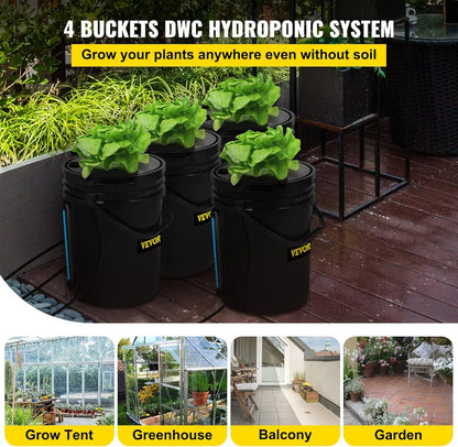 Hydrocultuur Systeem – Diepe Watercultuur – Kweekemmer Set – Kweekkit – DWC Kweekset – 4 Emmers 23L PP – 8W Luchtpomp Met Waterniveau-indicator