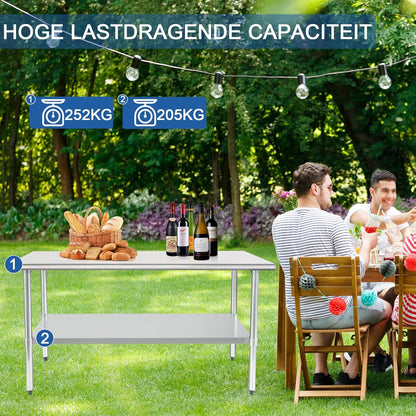 HARDURA Roestvrij Staal Tafel 61×152 cm met Onderkast en Gegalvaniseerde Benen Zware Duty Commercieel Voedselbereidingstafels voor Restaurant Keuken Thuis en Hotel