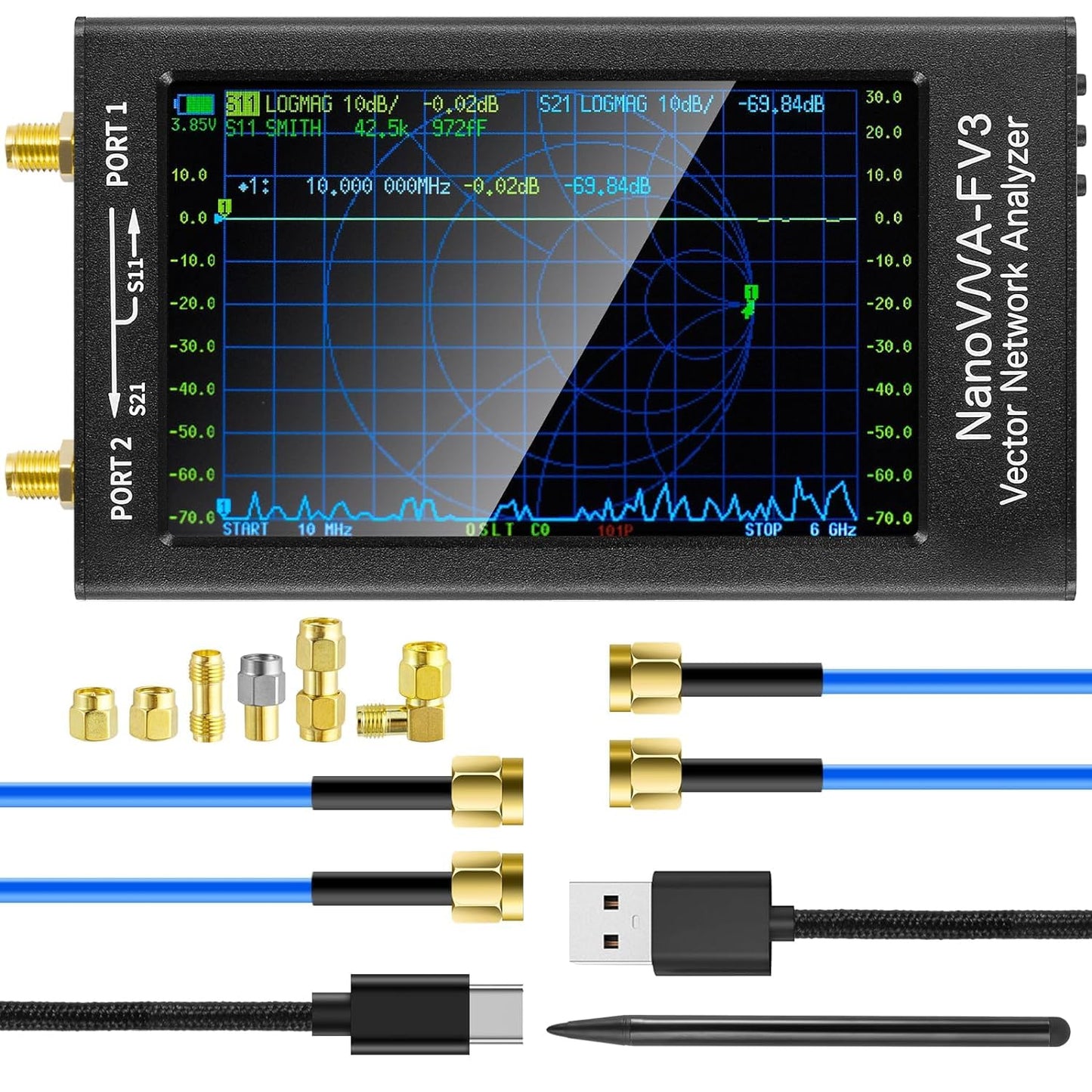 AURSINC Upgraded NanoVNA-F V3 Vector Network Analyzer, 1MHz–6GHz, 4.3" Antenna Analyzer for Measuring S-Parameters, Standing Wave Ratio SWR, Phase, Delay, Smith Diagram