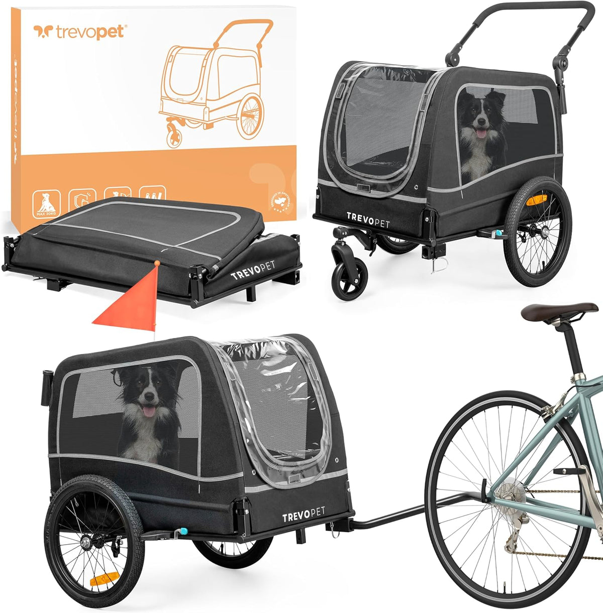 Hondenfietskar - Hondenkar - Opvouwbaar - Voor Kleine en Grote honden - max. 30kg - 2-in-1 Hondenfietskar voor Fiets naar Hondenbuggy - Geschikt voor E-Bikes en Normale Fietsen