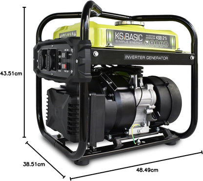 K&S Basic KSB 21i – 4-takt benzine-stroomgenerator, invertergenerator 2,9 pk met automatische spanningsregelaar, olietekort beveiliging, uitlaatgasnorm EURO V, 2000 W, 2 x 16 A (230 V) voor kamperen
