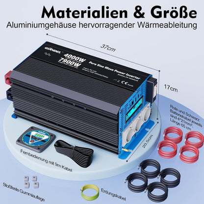 GIANDEL 4000 W omvormer, zuivere sinus, 12 V naar 230 V, met instelbare onderspanningsuitschakeling, spanningsomvormer met afstandsbediening en USB-C PD 36 W, voor camper, camping, caravans