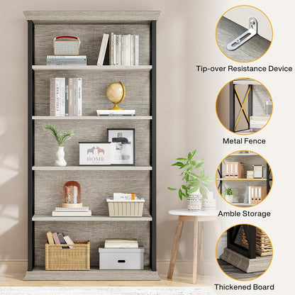 Tribesigns Bookcase, 6 Floors, 180 cm, Industrial Style, Freestanding, 5 Shelves, Tall Bookcase for Home Office, Living Room, Bedroom, Grey