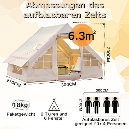 Opblaasbare tent voor kamperen, eenvoudige installatie met handpomp, draagbare 4 seizoenen opblaasbare luchttent, in waterdicht Oxford, buitengebruik voor 4-6 personen