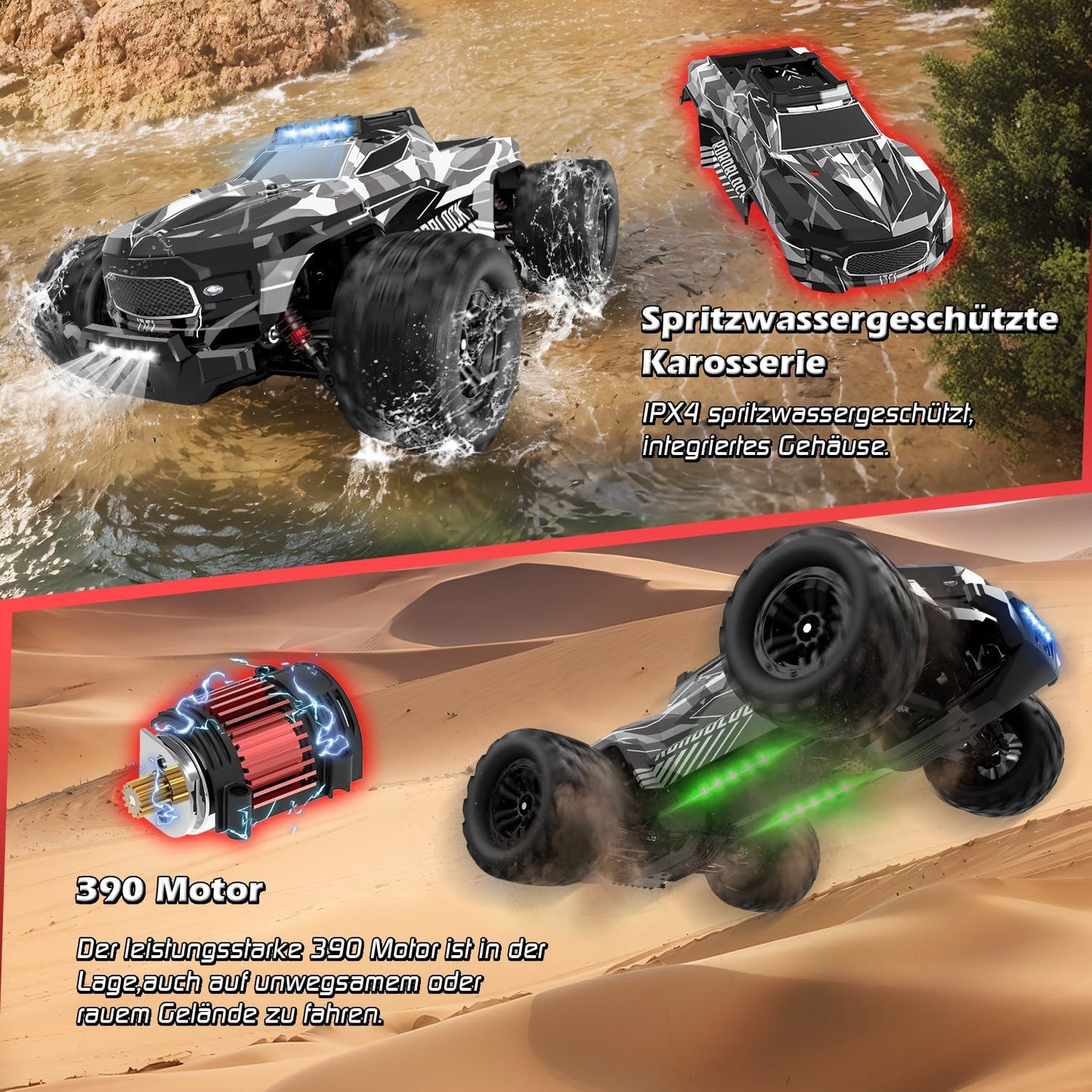 Op Afstand Bestuurde Auto, 1/14 RC Monstertruck Met 7 Kleuren Lichten, 40 km/u, 2,4 GHz, Offroad Met Twee Batterijen, 4WD Waterdichte RTR All Terrain Buggy Voor Kinderen