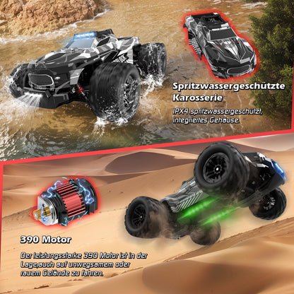 Op Afstand Bestuurde Auto, 1/14 RC Monstertruck Met 7 Kleuren Lichten, 40 km/u, 2,4 GHz, Offroad Met Twee Batterijen, 4WD Waterdichte RTR All Terrain Buggy Voor Kinderen